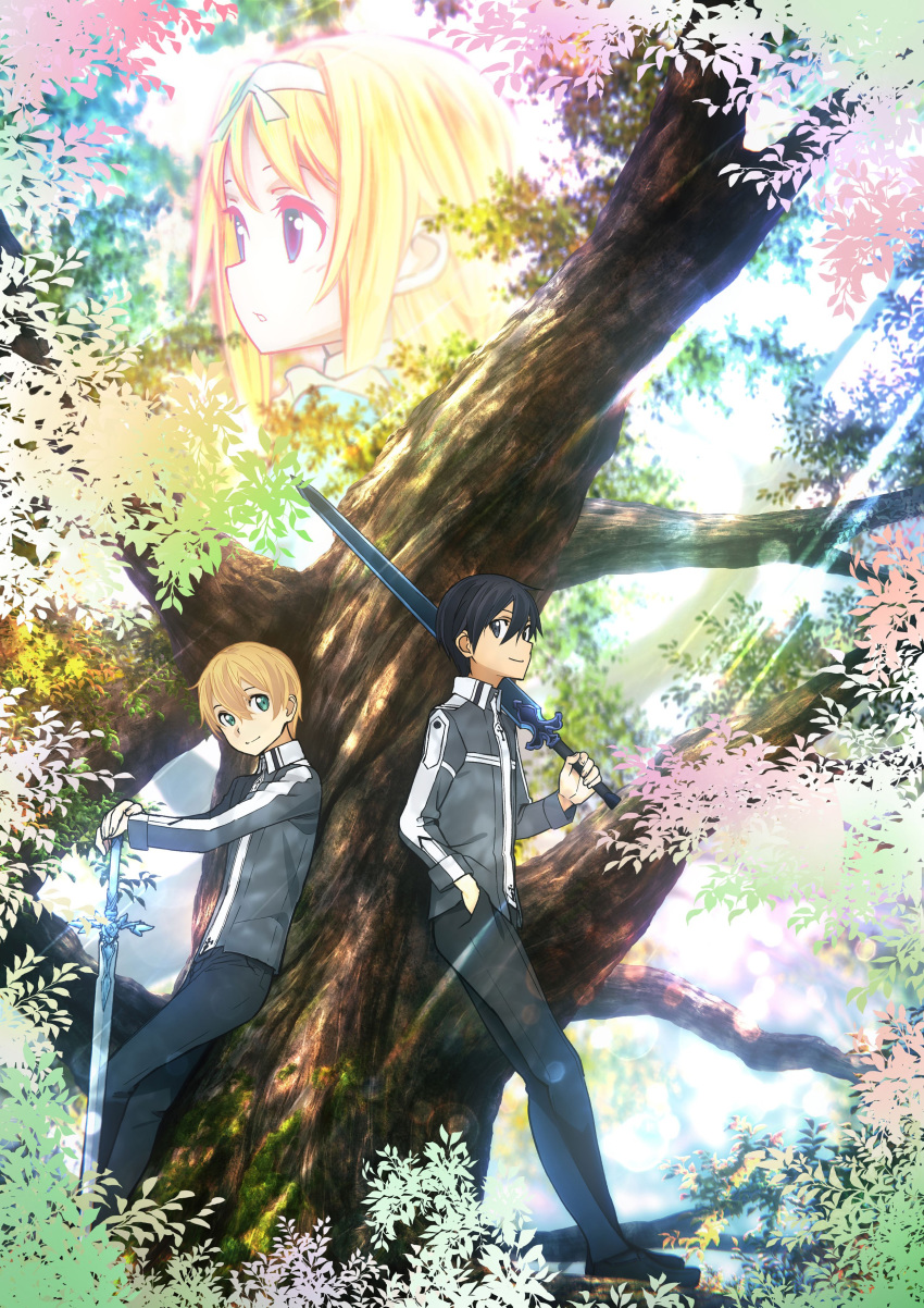 2boys absurdres alice_schuberg black_eyes black_hair black_pants blonde_hair blue_eyes crossed_legs eugeo green_eyes hair_between_eyes hairband hand_in_pocket hands_on_hilt highres holding holding_sword holding_weapon in_tree key_visual kirito lens_flare looking_at_viewer military multiple_boys official_art pants standing sunlight sword sword_art_online tree weapon white_hairband