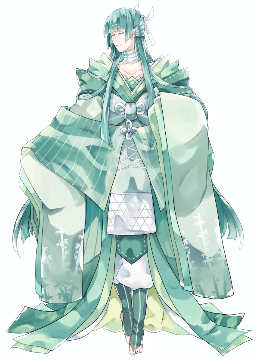 asame21 bad_feet bamboo_print bangs blunt_bangs bow celesteela closed_eyes collarbone eyelashes facing_viewer full_body gen_7_pokemon green_hair green_legwear hair_bow highres japanese_clothes light_smile long_hair no_shoes personification pokemon solo standing very_long_hair white_bow