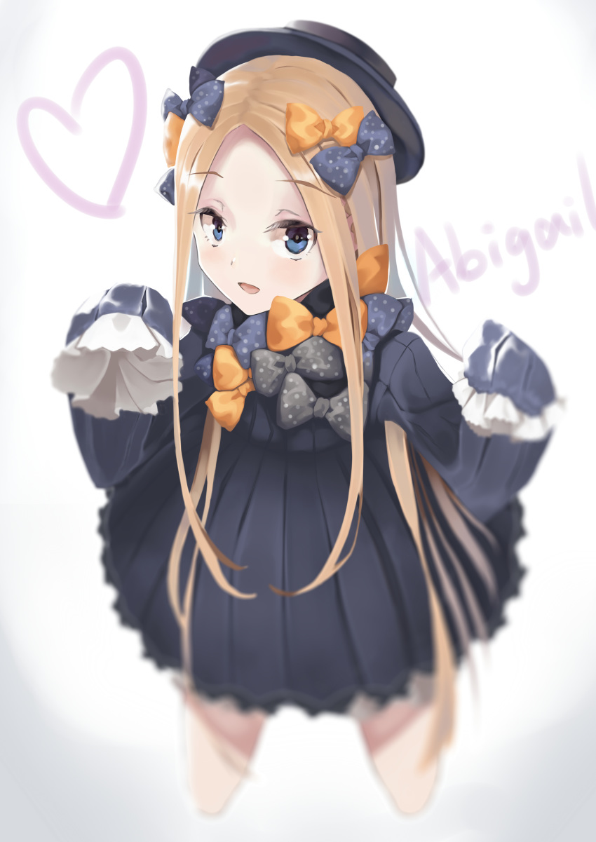 :d abigail_williams_(fate/grand_order) absurdres black_dress black_hat blonde_hair blue_eyes bow character_name dress fate/grand_order fate_(series) hair_bow hat heart highres long_hair long_sleeves looking_at_viewer open_mouth orange_bow polka_dot polka_dot_bow sleeves_past_wrists smile solo very_long_hair yonago_miko
