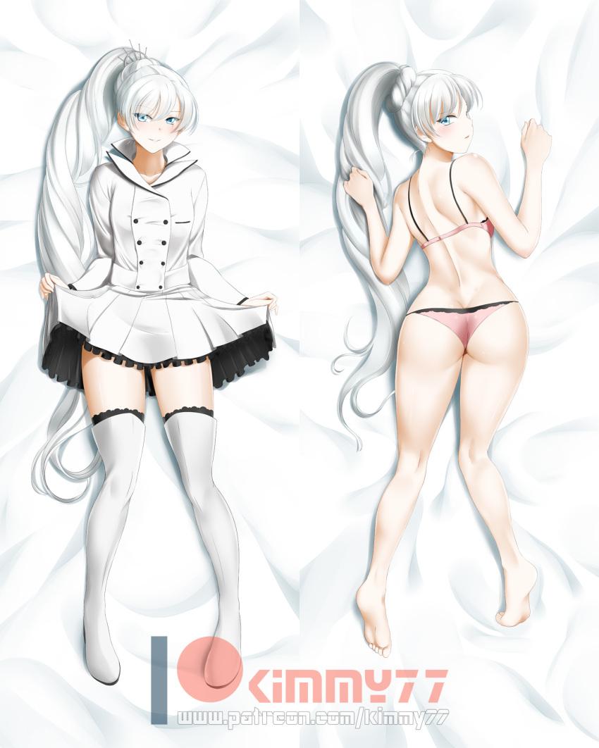 alfred_cullado ass barefoot blue_eyes blush boots bra breasts butt_crack dakimakura dress from_behind long_hair looking_at_viewer looking_back panties ponytail rwby scar scar_across_eye shiny shiny_hair shiny_skin side_ponytail sideboob silver_hair skirt skirt_hold small_breasts smile solo thigh_boots thighhighs underwear very_long_hair weiss_schnee