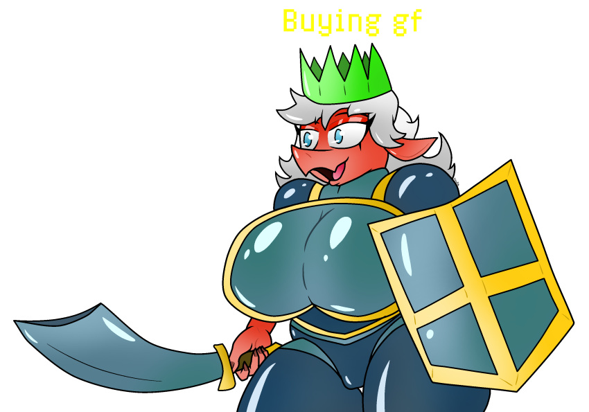 alpha_channel anthro armor big_breasts blue_eyes breast_plate breastplate breasts claws clothing crown cuteenglish_text helmet lizard melee_weapon nails nipples open_mouth red_knight_(sirphilliam) reptile scalie scimitar shield solo sword text thong turismoturbo weapon