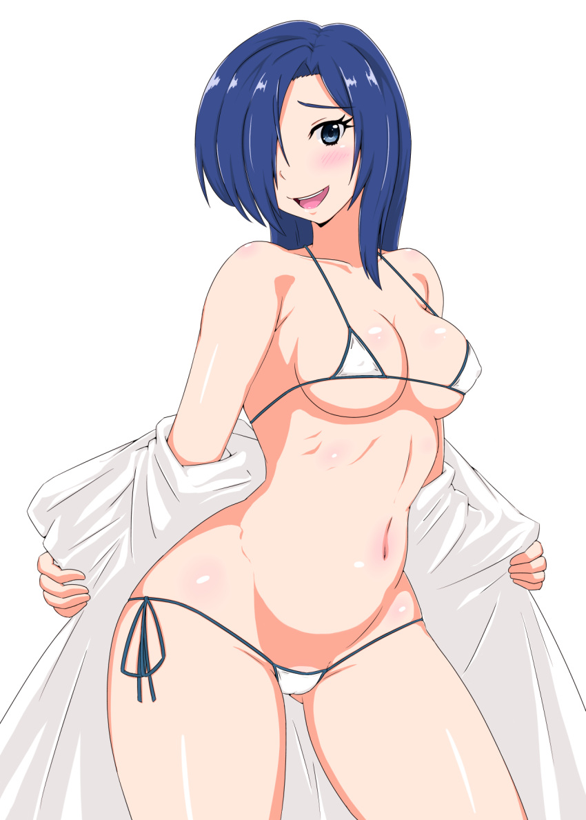 :d bikini blue_eyes blue_hair blush breasts cameltoe groin hair_over_one_eye highres himoo_yuina medium_breasts micro_bikini navel open_mouth short_hair side-tie_bikini smile standing swimsuit taka_(copyrobot) tokimeki_memorial tokimeki_memorial_1 white_background white_bikini