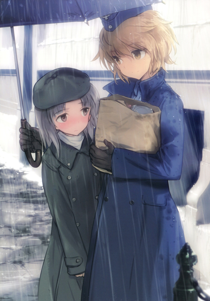 absurdres bag beret black_coat black_gloves black_hat blue_coat blue_shirt blush brave_witches brown_eyes brown_hair building can canned_food character_name closed_mouth coat collared_shirt day edytha_rossmann embarrassed garrison_cap gloves grey_hair hat highres holding holding_umbrella looking_at_another medium_hair multiple_girls non-web_source nose_blush official_art outdoors paper_bag rain scan shared_umbrella shimada_fumikane shirt short_hair sleeves_past_wrists smile standing trench_coat umbrella waltrud_krupinski wing_collar world_witches_series yuri