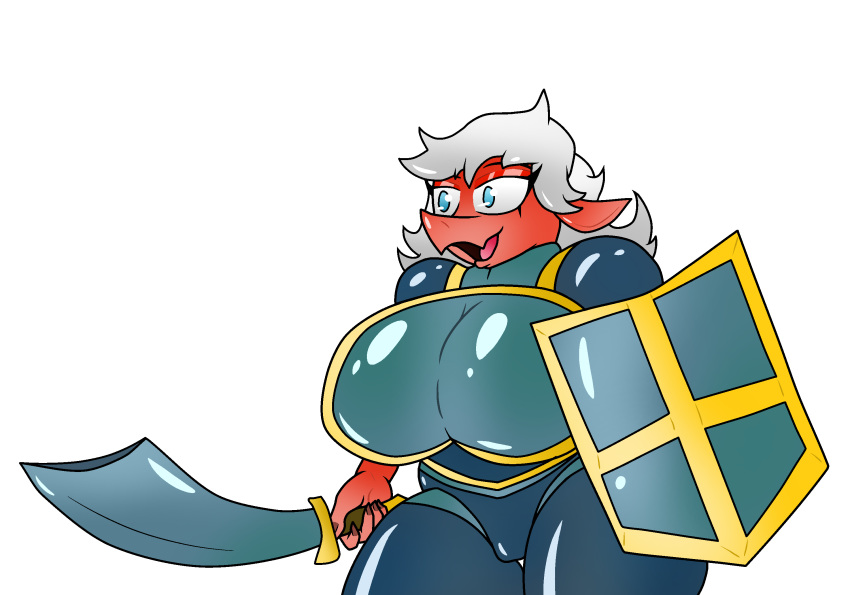 alpha_channel anthro armor big_breasts blue_eyes breast_plate breastplate breasts claws clothing cute lizard melee_weapon nails nipples open_mouth red_knight_(sirphilliam) reptile scalie scimitar shield solo sword thong turismoturbo weapon