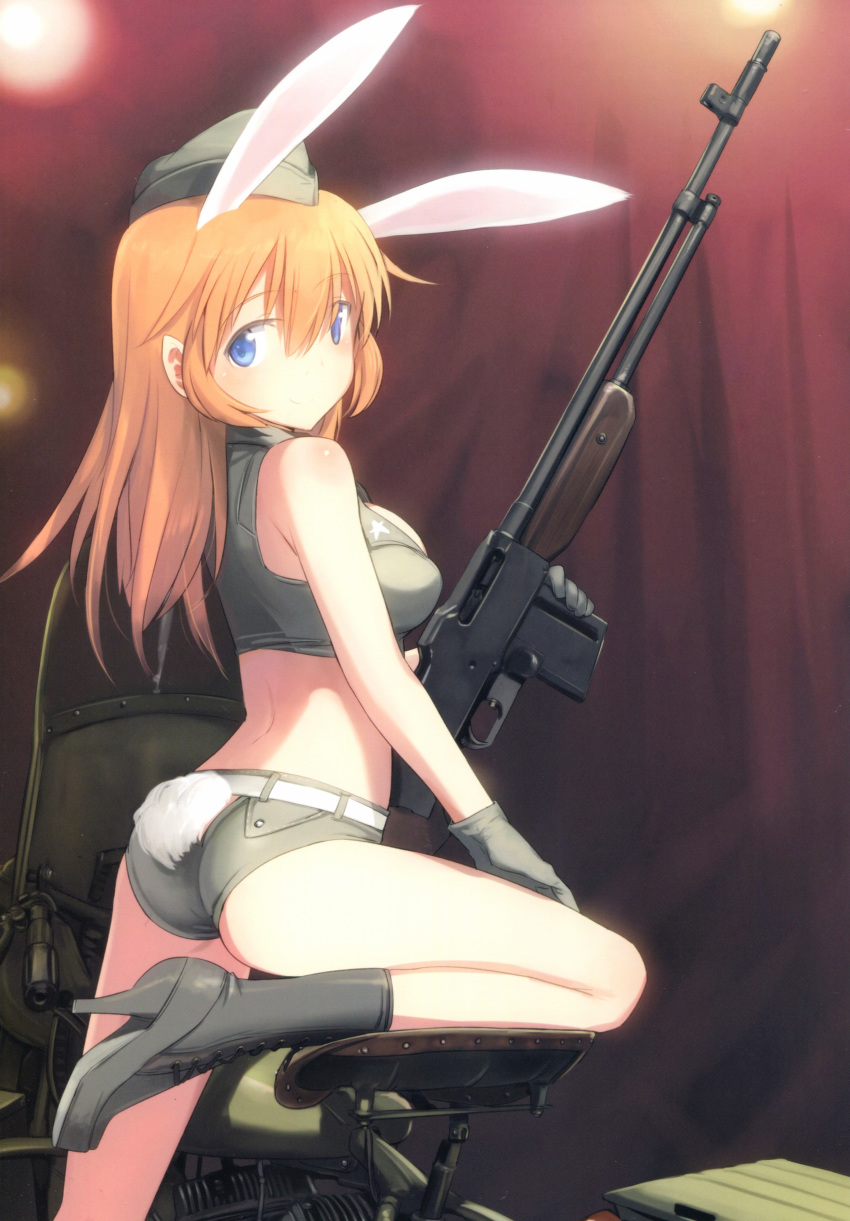 absurdres animal_ears ass bare_shoulders blue_eyes blush body_blush boots breasts bunny_ears bunny_tail charlotte_e_yeager crop_top cross-laced_footwear gun high_heel_boots high_heels highres holding holding_gun holding_weapon lace-up_boots long_hair looking_back m1918_bar machine_gun medium_breasts non-web_source orange_hair scan shimada_fumikane short_shorts shorts smile solo strike_witches tail weapon world_witches_series