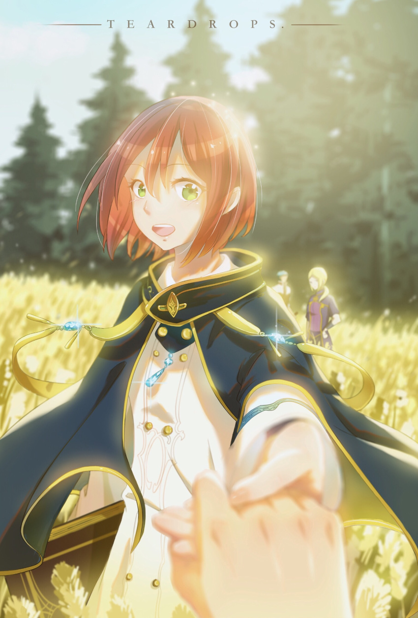 2girls absurdres akagami_no_shirayukihime aqua_hair artist_name blonde_hair blue_cloak blurry blurry_background book cloak day dress field forest green_eyes highres holding_hands kiki_seiran mitsuhide_lowen multiple_girls nature open_mouth pov pov_hands red_hair shirayuki_(akagami_no_shirayukihime) short_hair smile solo_focus teardrops_(user_vgvd7733) tree white_dress