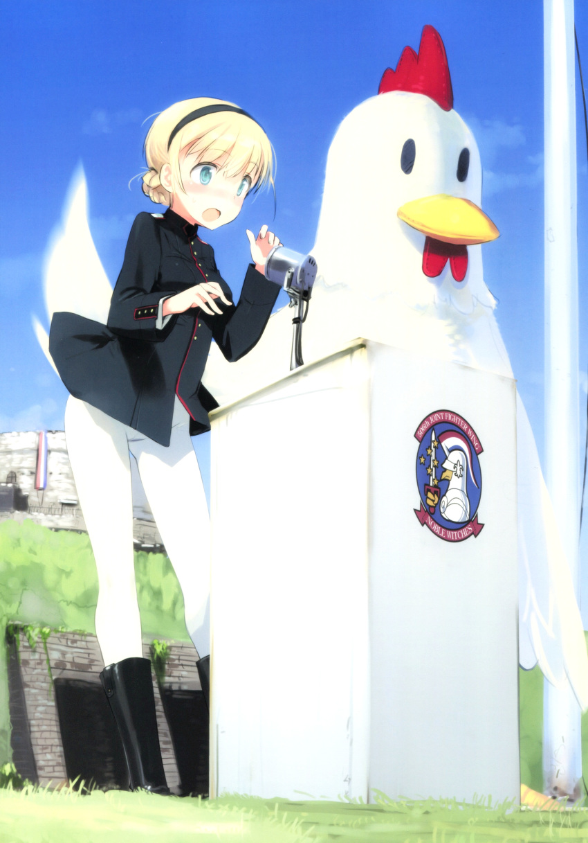 absurdres blonde_hair blue_eyes boots braid braided_bun chicken_costume crotch_seam day hairband highres mascot_costume microphone military military_uniform noble_witches non-web_source official_art pantyhose podium rosalie_de_hemricourt_de_grunne scan shimada_fumikane short_hair sky surprised uniform world_witches_series