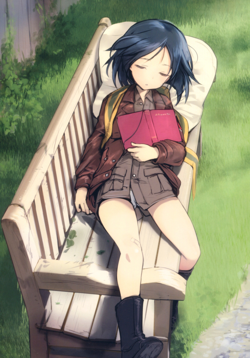 absurdres ankle_boots bandage_on_face bandaid bandaid_on_knee bench black_hair book boots brave_witches brown_footwear brown_jacket brown_shirt character_name closed_eyes collared_shirt cushion from_above grass highres jacket kanno_naoe long_sleeves lying non-web_source official_art on_back open_book open_clothes open_jacket panties parted_lips scan shimada_fumikane shirt silhouette sleeping solo underwear white_panties wing_collar world_witches_series