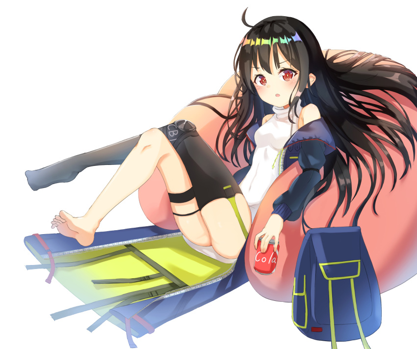 :o absurdres ahoge arm_strap ass bag bangs barefoot bean_bag_chair belt belt_boots black_hair black_legwear blush boots c-ms_(girls_frontline) can closed_mouth clothes_writing coat cola collarbone commentary covered_navel crossed_legs dress expressionless eyebrows_visible_through_hair floating floating_hair garter_straps girls_frontline highres holding holding_can knees_up long_hair looking_at_viewer microdress mole mole_under_eye multicolored_coat multiple_belts off_shoulder open_clothes open_coat open_mouth pocket red_eyes sidelocks simple_background single_knee_pad single_sock single_thighhigh socks solo strap thigh_strap thighhighs thighs white_dress xue_lu zipper