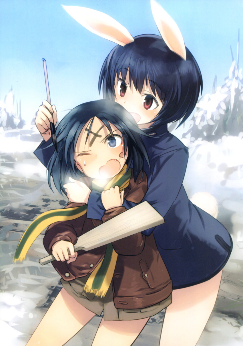 :d absurdres animal_ears arm_grab bandaid bandaid_on_face black_hair blue_eyes blush brave_witches breath brown_eyes brown_jacket brown_shirt bunny_ears bunny_tail character_name day eyebrows eyebrows_visible_through_hair facepaint fang hagoita hanetsuki head_tilt highres holding hug hug_from_behind jacket kanno_naoe long_sleeves military military_uniform multiple_girls non-web_source official_art one_eye_closed open_mouth outdoors paddle paintbrush scan scarf shimada_fumikane shimohara_sadako shirt short_hair smile standing sweatdrop tail uniform world_witches_series