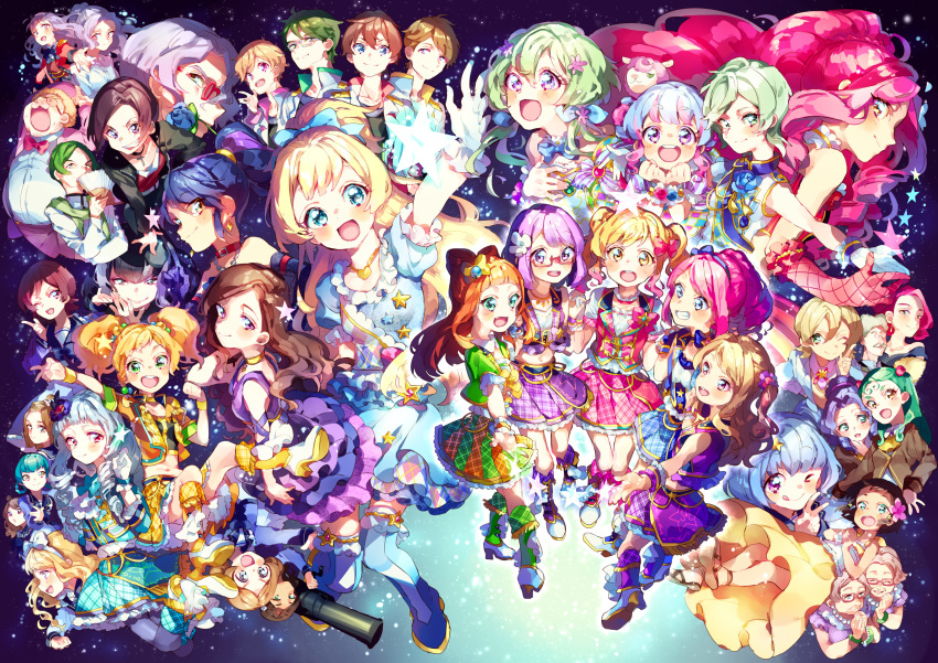 6+girls absurdres aikatsu!_(series) aikatsu_stars! alice_carol_(aikatsu_stars!) ashida_yuuri_(aikatsu!) blonde_hair blue_eyes blue_hair boots brown_hair caroline_(aikatsu!) character_request commentary elza_forte everyone flower futaba_aria glasses green_eyes green_hair grin hair_between_eyes hair_flower hair_ornament hanazono_kirara haruka_ruka hibiki_anna high_heel_boots high_heels highres idol_clothes igarashi_nozomu iukawa_hamosaku juli_liszt kasumi_asahi kasumi_mahiru kasumi_yozora kira_kanata kisaragi_tsubasa kizaki_rei long_hair looking_at_another looking_at_viewer maori_(aikatsu_stars!) midriff moroboshi_hikaru moroboshi_hotaru multicolored_hair multiple_boys multiple_girls nanakura_koharu navel nijino_yume nikaidou_yuzu one_eye_closed pink_hair ponytail purple_eyes purple_hair red_eyes sakuraba_rola saotome_ako shiratori_hime shirogane_lilly short_hair smile space star star_hair_ornament starry_background teeth thighs tongue tongue_out twintails v very_long_hair wavy_hair white_hair yellow_eyes yuuki_subaru