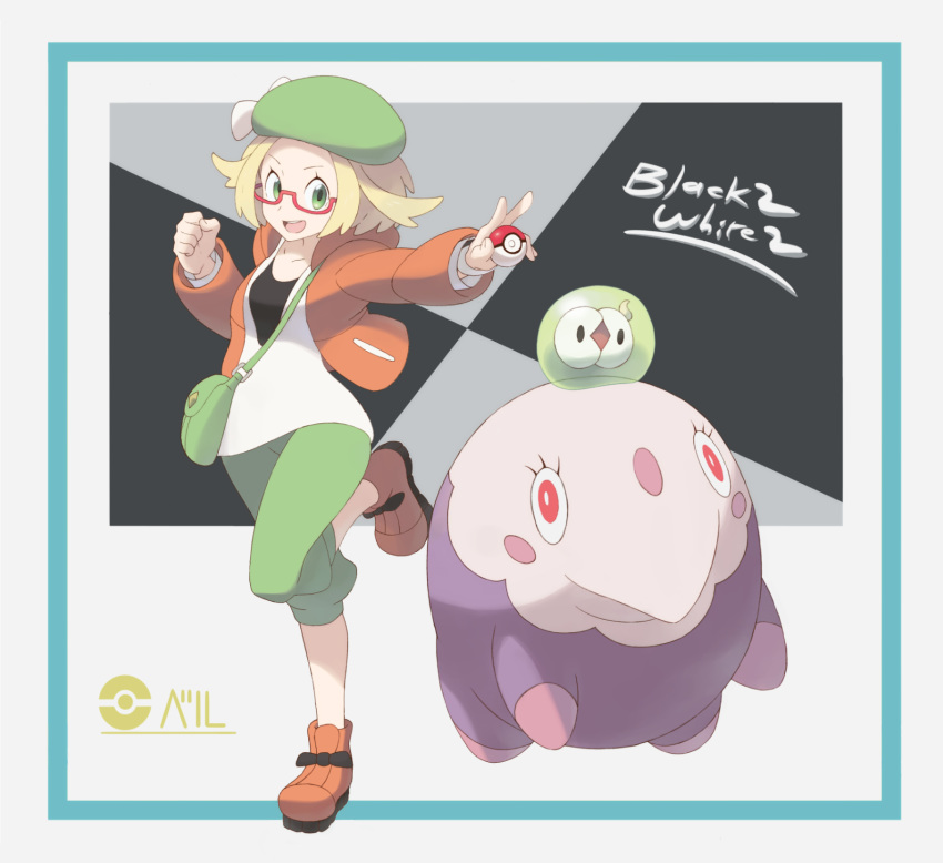 :d bag bel_(pokemon) blonde_hair bow brown_footwear clenched_hand copyright_name gen_5_pokemon glasses green_eyes green_hat green_pants handbag hat hat_bow highres holding holding_poke_ball jacket looking_at_viewer md5_mismatch musharna nomura_(buroriidesu) open_mouth orange_jacket pants pink-framed_eyewear pink_eyes poke_ball poke_ball_(generic) poke_ball_symbol pokemon pokemon_(creature) pokemon_(game) pokemon_bw2 short_hair simple_background smile solosis standing standing_on_one_leg