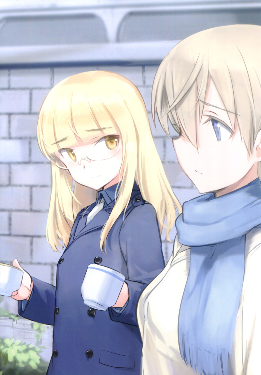 absurdres bangs blonde_hair blue_eyes blunt_bangs cup eila_ilmatar_juutilainen eyebrows glasses highres jacket light_brown_hair long_hair looking_at_another military military_uniform multiple_girls necktie non-web_source perrine_h_clostermann scan scarf shimada_fumikane smile strike_witches uniform winter_clothes world_witches_series yellow_eyes