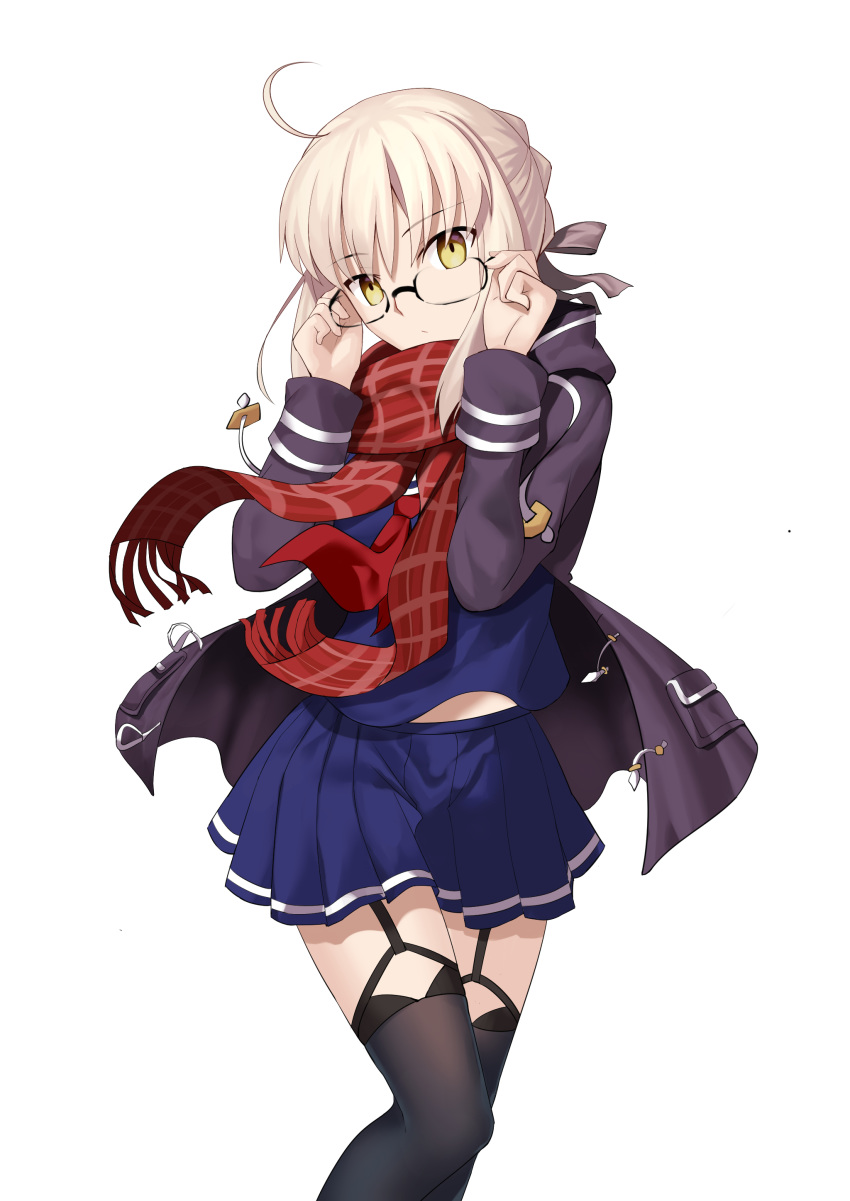 absurdres adjusting_eyewear artoria_pendragon_(all) bangs besmiled black_hoodie black_legwear black_ribbon blue_shirt blue_skirt closed_mouth eyebrows_visible_through_hair fate/grand_order fate_(series) garter_straps glasses hair_between_eyes hair_ribbon highres hood hoodie light_brown_hair long_sleeves looking_at_viewer md5_mismatch mysterious_heroine_x_(alter) neckerchief open_clothes open_hoodie plaid plaid_scarf pleated_skirt red_neckwear red_scarf ribbon scarf school_uniform serafuku shirt sidelocks simple_background skirt solo thighhighs white_background yellow_eyes