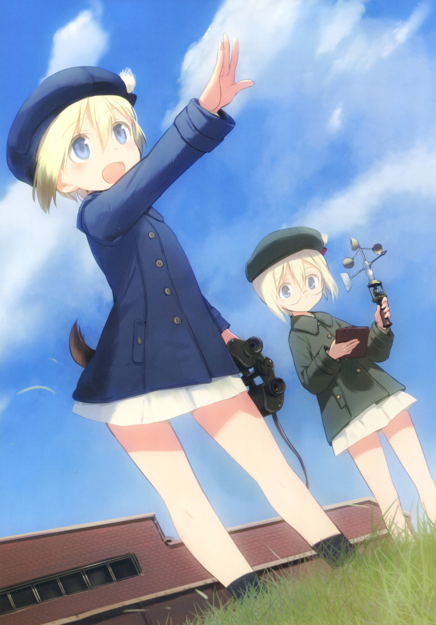 absurdres anemometer animal_ears beret binoculars black_legwear blonde_hair blue_eyes day dog_ears dog_tail erica_hartmann glasses hat highres jacket multiple_girls non-web_source open_mouth outstretched_hand shimada_fumikane siblings sisters sky strike_witches tail ursula_hartmann wind world_witches_series younger