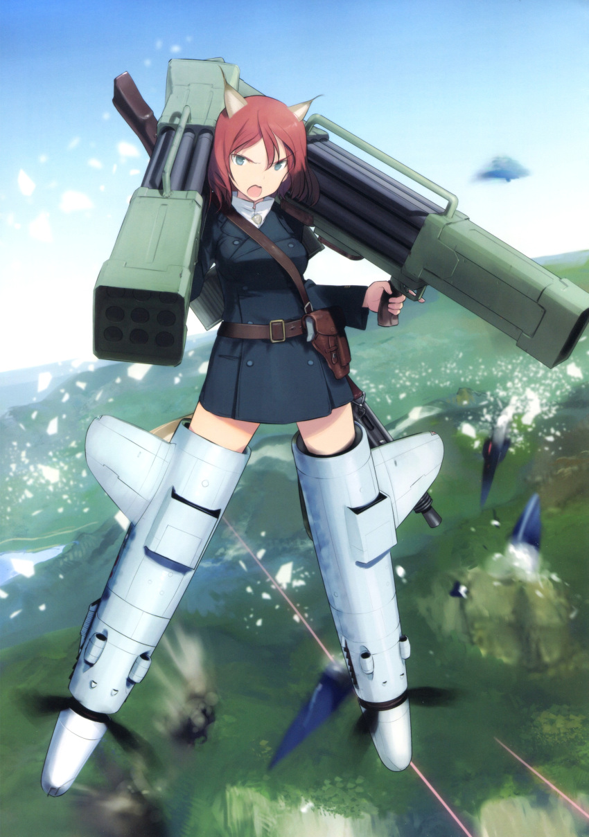 absurdres adriana_visconti animal_ears aqua_eyes blue_sky caracal_ears cat_ears cat_tail coat day dual_wielding flying highres holding laser long_sleeves neuroi noble_witches non-web_source open_mouth red_hair rocket_launcher scan shimada_fumikane short_hair sky solo striker_unit tail weapon world_witches_series
