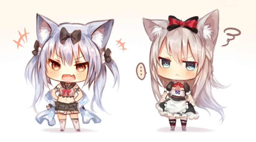 &gt;:&lt; ... 2girls :&lt; :d animal_ears apron azur_lane black_bow black_dress black_sailor_collar black_skirt blue_hair blush bow chibi dress eyebrows_visible_through_hair fang gradient gradient_background green_eyes hair_bow hammann_(azur_lane) hands_on_hips highres long_hair looking_at_viewer maid_apron midriff multiple_girls navel open_mouth pleated_skirt pout puffy_short_sleeves puffy_sleeves red_eyes sailor_collar shoes short_sleeves silver_hair skirt smile spoken_ellipsis squiggle standing sukemyon thighhighs v-shaped_eyebrows white_legwear yukikaze_(azur_lane)