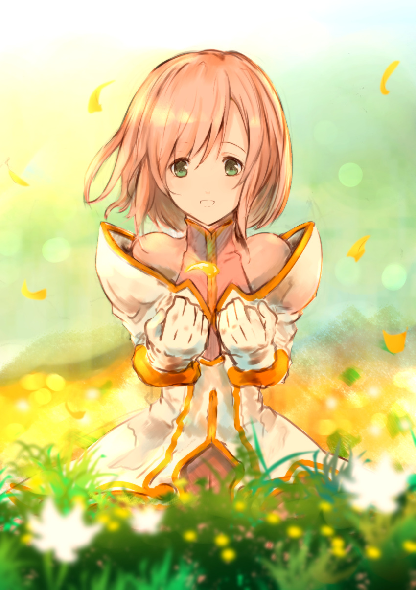 absurdres blurry estellise_sidos_heurassein flower gloves grass green_eyes highres humi petals pink_hair short_hair smile solo tales_of_(series) tales_of_vesperia white_coat white_gloves