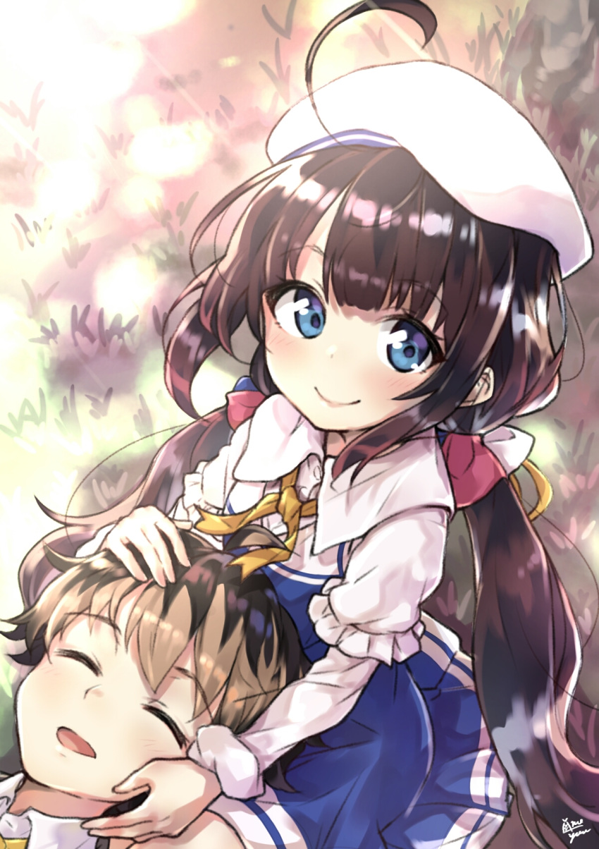 1girl ahoge bangs beret blue_dress blue_eyes blush brown_hair closed_eyes closed_mouth collared_shirt commentary_request day dress eyebrows_visible_through_hair hat highres hinatsuru_ai kuzuryuu_yaichi lap_pillow long_hair long_sleeves low_twintails open_mouth outdoors puffy_short_sleeves puffy_sleeves ryuuou_no_oshigoto! school_uniform shirt short_over_long_sleeves short_sleeves sidelocks signature smile sunlight takenoko_no_you twintails very_long_hair white_hat white_shirt