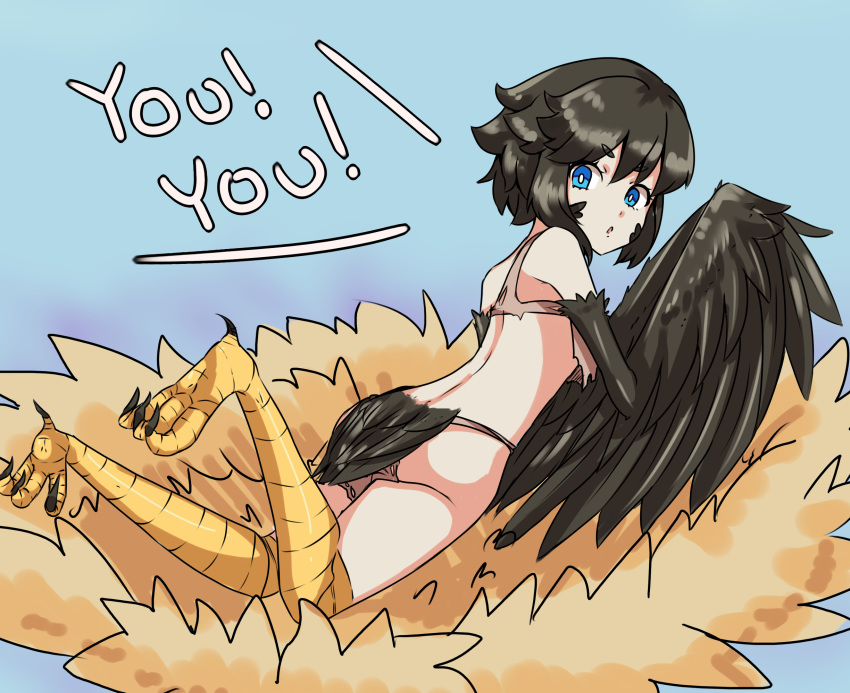 animal_humanoid animal_legs asp84 avian avian_humanoid bird bird_feet black_feathers black_hair blue_eyes butt clothing corvid crow cyan_background dark_souls dark_souls_3 english_text eyelashes feathered_wings feathers female gradient_background hair harpy humanoid looking_at_viewer looking_back lying nest on_front open_mouth pickle-pee simple_background solo tail_feathers talons text torn_clothing video_games white_pupils winged_arms wings