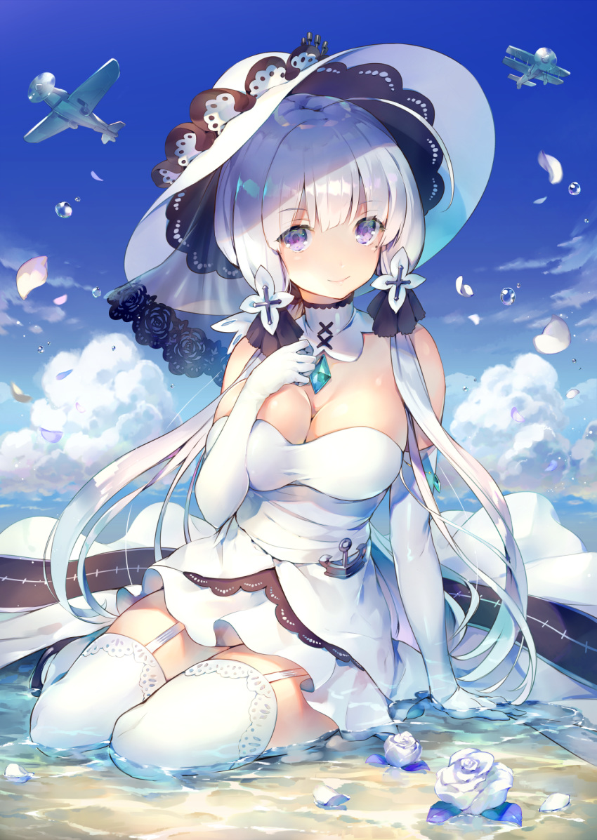 ahoge aircraft airplane anchor arm_support azur_lane bangs bare_shoulders biplane blue_sky breasts cleavage closed_mouth cloud day deecha detached_collar dress elbow_gloves eyebrows_visible_through_hair flower full_body garter_straps gem gloves hair_ornament hand_on_own_chest hat highres illustrious_(azur_lane) long_hair looking_at_viewer medium_breasts mole mole_under_eye ocean outdoors petals propeller rose rose_petals see-through shallow_water shiny shiny_hair silver_hair sitting sky smile solo sun_hat tareme thighhighs tri_tails veil very_long_hair water_drop white_dress white_flower white_gloves white_hat white_legwear white_rose yokozuwari zettai_ryouiki