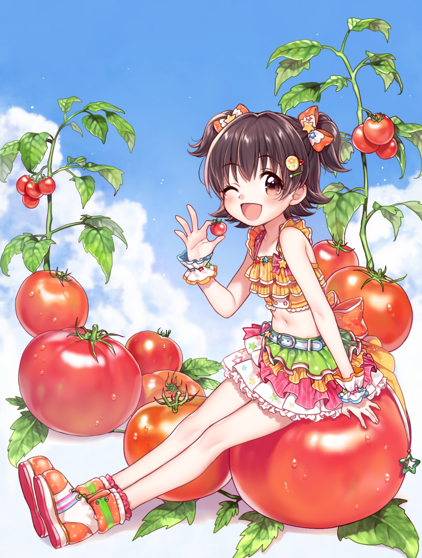 ;d \||/ absurdres akagi_miria bangs belt blush bow brown_eyes brown_hair cherry_tomato crop_top frilled_cuffs frilled_skirt frills hair_bow hair_ornament hairclip highres idolmaster idolmaster_cinderella_girls idolmaster_cinderella_girls_starlight_stage layered_skirt looking_at_viewer midriff multicolored multicolored_clothes multicolored_footwear multicolored_skirt navel one_eye_closed open_mouth plant rojiko sash shoes short_hair sitting skirt smile sneakers solo star tomato tomato_plant two_side_up wrist_cuffs