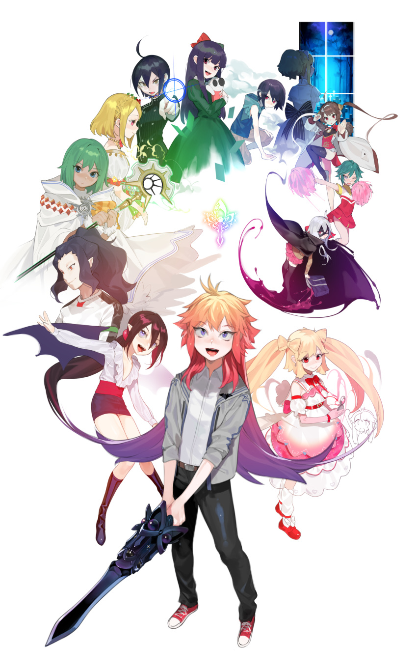 6+girls :d absurdres ahoge androgynous azur_lane black_footwear black_hair blonde_hair blouse blue_eyes boots bow bow_by_hair brown_hair cape character_request china_dress chinese_clothes closed_mouth crossover danganronpa dragon_shadow_spell dress elisabeth_von_wettin eyebrows_visible_through_hair fighting_stance gaiko_(pripara) gradient_hair green_dress green_hair grin hair_between_eyes highres holding holding_sword holding_weapon idol_time_pripara jefforty_tote lady_bat long_hair looking_at_viewer marchen mask mermaid_melody_pichi_pichi_pitch multicolored_hair multiple_boys multiple_crossover multiple_girls new_danganronpa_v3 ohisashiburi open_mouth original otoko_no_ko pants parted_lips pencil_skirt ping_hai_(azur_lane) pointy_ears pom_poms ponytail pretty_(series) pripara purple_hair red_bow red_eyes red_footwear robe saihara_shuuichi sash shoes silver_hair skirt smile sound_horizon standing sword thighhighs twintails two-handed two-tone_hair very_long_hair weapon white_dress wings yellow_bow yellow_eyes