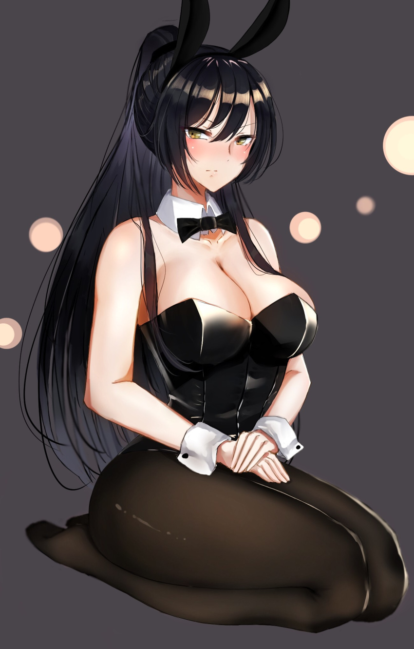 animal_ears bangs bare_arms bare_shoulders black_hair black_leotard black_neckwear blush bow bowtie breasts brown_hair brown_legwear bunny_ears bunny_girl bunny_tail bunnysuit cleavage closed_mouth collarbone detached_collar eyebrows_visible_through_hair fake_animal_ears hair_between_eyes hair_ornament hair_tie half-closed_eyes hands_together highres idolmaster idolmaster_shiny_colors large_breasts leotard long_hair looking_at_viewer pantyhose pnatsu ponytail seiza shirase_sakuya sidelocks simple_background sitting solo strapless strapless_leotard tail very_long_hair wrist_cuffs yellow_eyes