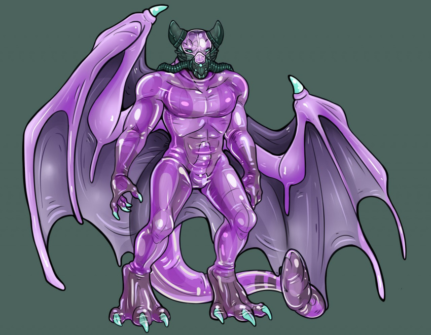 2018 4_fingers anthro balls bodysuit claws clothing digital_drawing_(artwork) digital_media_(artwork) dragon erection gas_mask green_background horn male mask membranous_wings noahsense penis rubber scalie shiny simple_background skinsuit solo standing technology tight_clothing wings