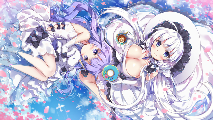 aircraft airplane azur_lane bangs bare_shoulders black_bow black_ribbon blue_eyes blue_sky blush bow breasts cleavage closed_mouth cloud commentary_request cup day dress elbow_gloves eyebrows_visible_through_hair from_above gloves hair_ribbon hat holding holding_cup holding_saucer illustrious_(azur_lane) large_breasts long_hair looking_at_viewer looking_up lying multiple_girls nyanya on_side outdoors purple_eyes purple_hair reflection ribbon saucer shoes silver_hair sky smile stuffed_alicorn stuffed_animal stuffed_toy teacup unicorn_(azur_lane) very_long_hair water white_dress white_footwear white_gloves white_hat