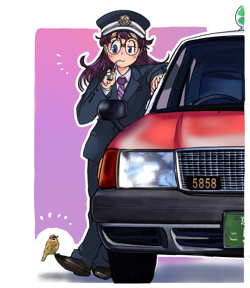 absurdres bird black_footwear blue_eyes blue_jacket blue_pants blush car closed_mouth collared_shirt commentary_request doitsuken eyebrows_visible_through_hair ground_vehicle hat highres jacket motor_vehicle necktie original outdoors pants peaked_cap pink_background purple_hair purple_neckwear shirt shoes sipping smile solo standing taxi uniform wing_collar