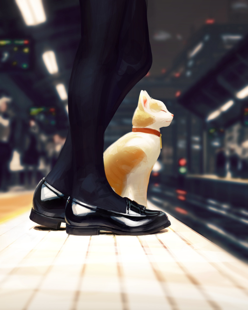 absurdres animal black_footwear black_legwear blurry blurry_background cat cat_focus closed_eyes closed_mouth depth_of_field from_side guweiz highres loafers lower_body original pantyhose profile railroad_tracks shoes smile standing train_station train_station_platform whiskers