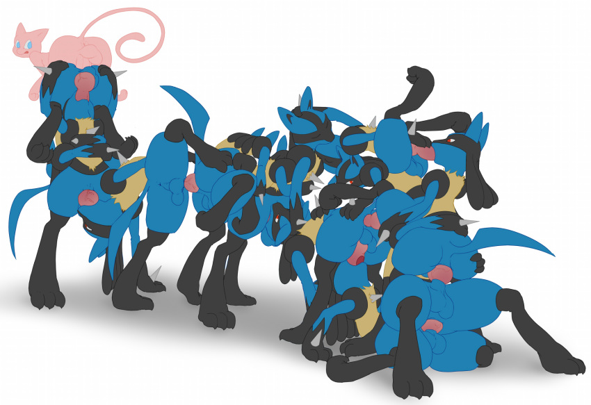 anal anal_penetration animal_genitalia animal_penis anthro anthro_on_anthro anus balls blue_balls blue_eyes canine canine_penis claws ducati erection eyes_closed feline fellatio flat_colors group group_sex hi_res imminent_knotting kissing knot large_group legendary_pok&eacute;mon looking_back lucario male male/male mammal mass_orgy mew nintendo nude open_mouth oral orgy paws penetration penis pok&eacute;mon pok&eacute;mon_(species) raised_tail red_eyes red_tongue sex simple_background spikes toe_claws toes tongue train_position video_games white_background