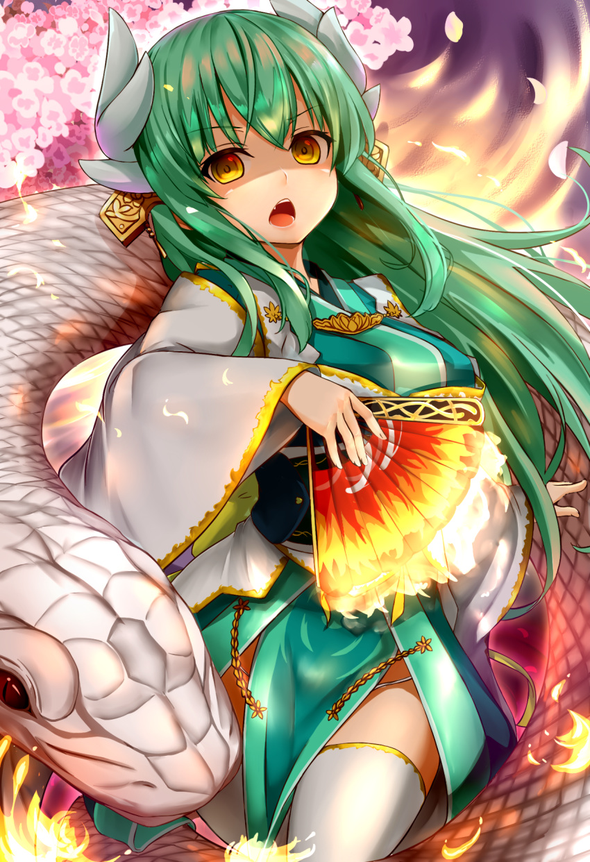 cherry_blossoms earrings eyebrows_visible_through_hair fan fate/grand_order fate_(series) floating_hair green_hair green_kimono hair_between_eyes highres holding holding_fan horns japanese_clothes jewelry kimono kiyohime_(fate/grand_order) long_hair looking_at_viewer obi open_mouth sash shiron_(e1na1e2lu2ne3ru3) snake solo thighhighs very_long_hair white_legwear yellow_eyes