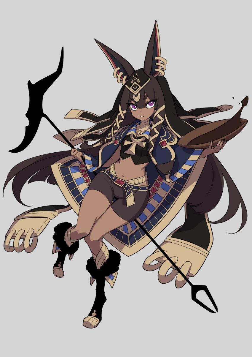animal_ears ankh bike_shorts boots brown_hair crop_top dark_skin earrings egyptian eyebrows_visible_through_hair full_body fur_trim grey_background highres holding jewelry knees_together_feet_apart looking_at_viewer midriff navel original parted_lips purple_eyes simple_background solo thigh_gap westxost_(68monkey)