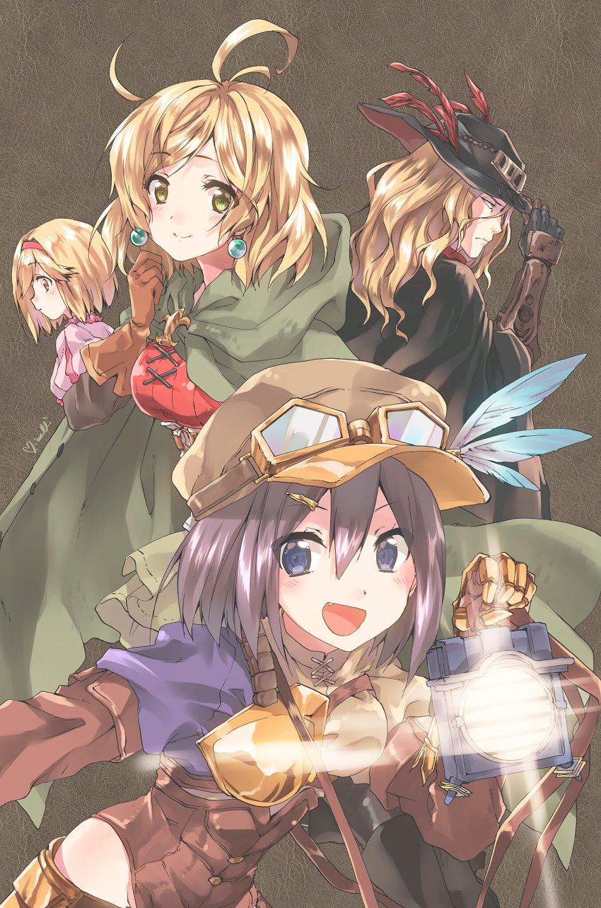 3girls :d adjusting_clothes adjusting_hat ahoge armor artist_name black_gloves black_hair black_hat blonde_hair blue_eyes brown_background brown_gloves brown_hat brown_leotard cabbie_hat cape cloak closed_mouth djeeta_(granblue_fantasy) dress earrings elbow_gloves fang feena_(shingeki_no_bahamut) gauntlets gloves goggles goggles_on_headwear granblue_fantasy green_cloak hair_ornament hairband hairclip hat hat_feather highres holding_lantern hood hooded_cloak jewelry kuroi_mimei lantern leaning_forward leotard long_hair long_sleeves lucius_(granblue_fantasy) medium_hair multiple_girls muneate open_mouth pink_dress red_hairband short_hair signature smile teena_(granblue_fantasy)