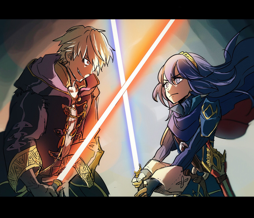 1girl battle blue_eyes blue_hair cape clash dark_persona duel energy_sword evil_smile fire_emblem fire_emblem:_kakusei fire_emblem_heroes gimurei gloves highres holding holding_weapon hood hoshigaki_(hsa16g) lightsaber long_hair lucina male_my_unit_(fire_emblem:_kakusei) mamkute my_unit_(fire_emblem:_kakusei) red_eyes robe short_hair smile star_wars sword tiara two-handed weapon white_hair