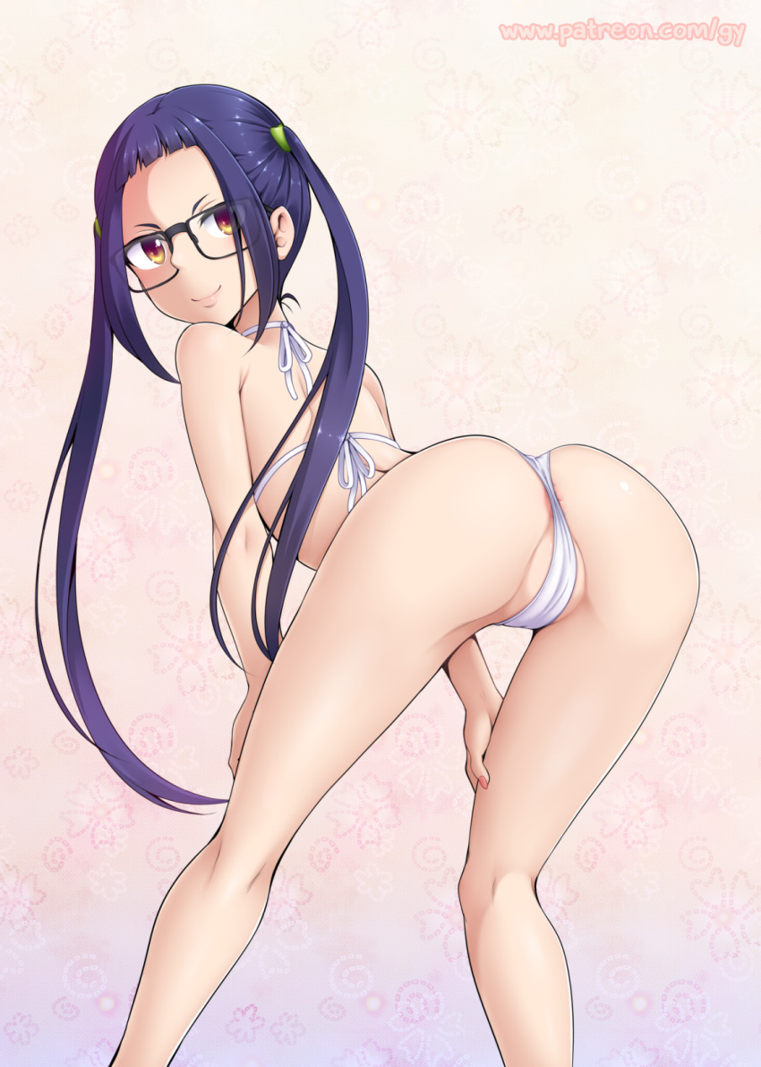 ass bare_arms bare_legs bare_shoulders bikini black-framed_eyewear blue_hair brown_eyes closed_mouth eyebrows_visible_through_hair eyes_visible_through_hair ghettoyouth glasses highres long_hair looking_back oogaki_chiaki partially_visible_anus partially_visible_vulva shiny shiny_hair smile solo standing swimsuit twintails white_bikini yurucamp