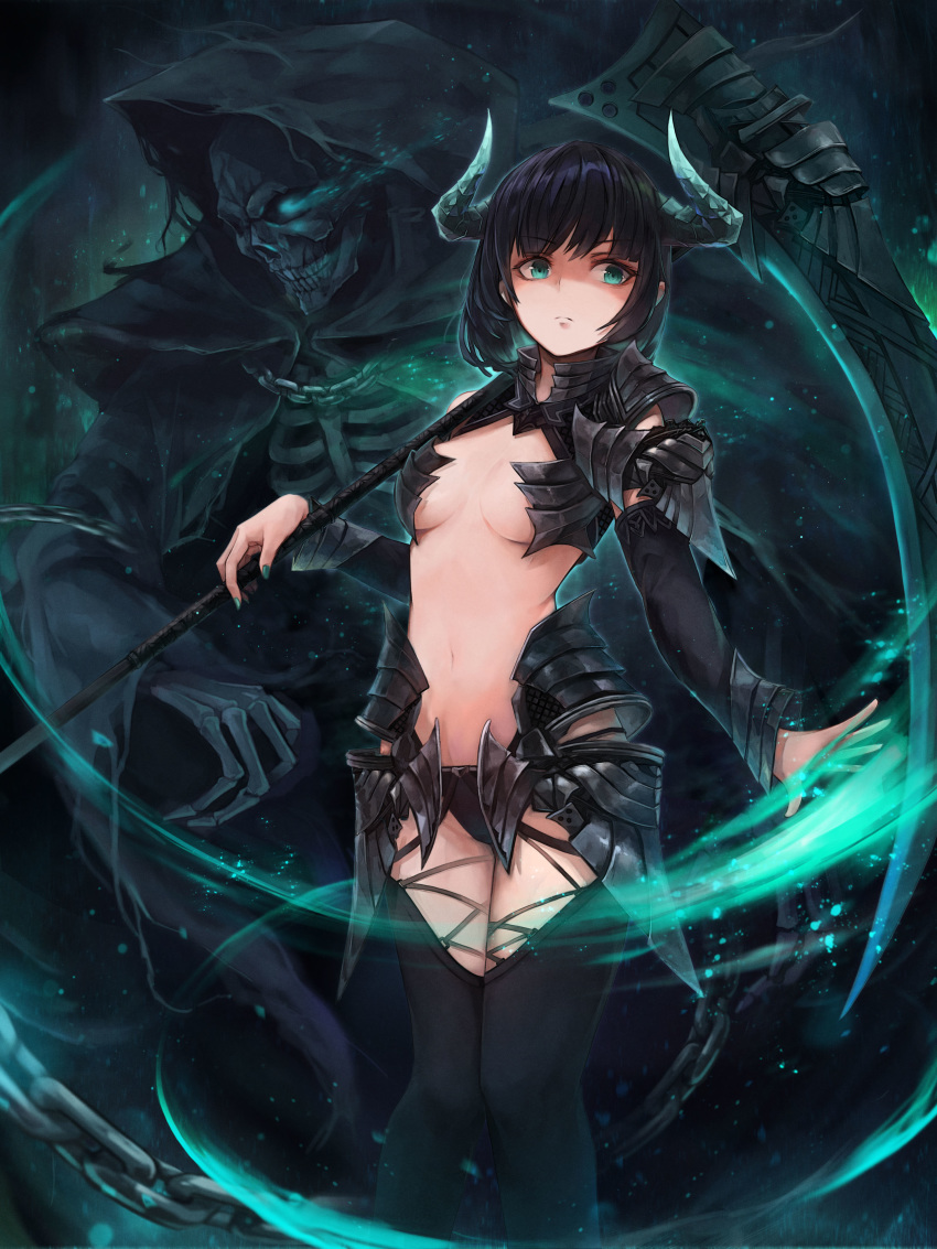 absurdres aqua_eyes armor aura black_hair black_legwear breasts cleavage closed_mouth commentary crystalherb death_(entity) detached_sleeves fingernails highres holding holding_weapon horns kama_(weapon) medium_breasts nail_polish navel no_bra original shaded_face short_hair shoulder_armor sickle solo spaulders standing thighhighs weapon