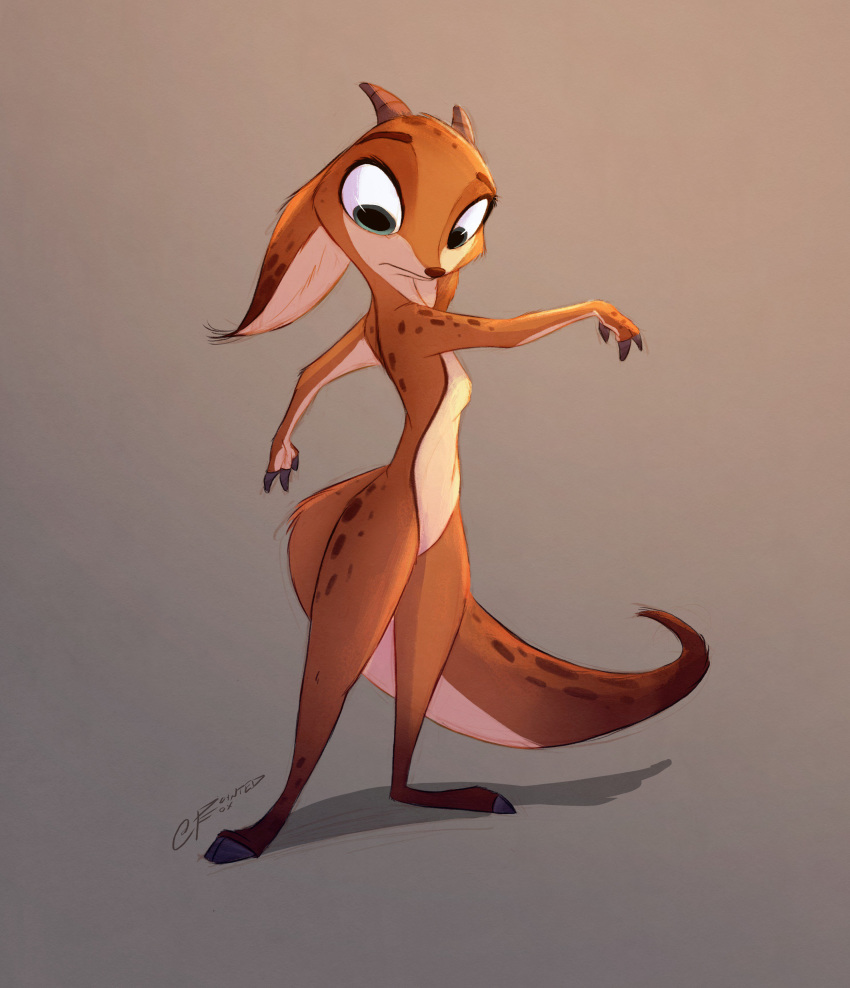 2017 3_fingers absurd_res blue_eyes breasts brown_background brown_fur brown_nose ears_down featureless_breasts featureless_crotch female fur hi_res hooves horn looking_at_self looking_down nude pointedfox signature simple_background solo standing unknown_species