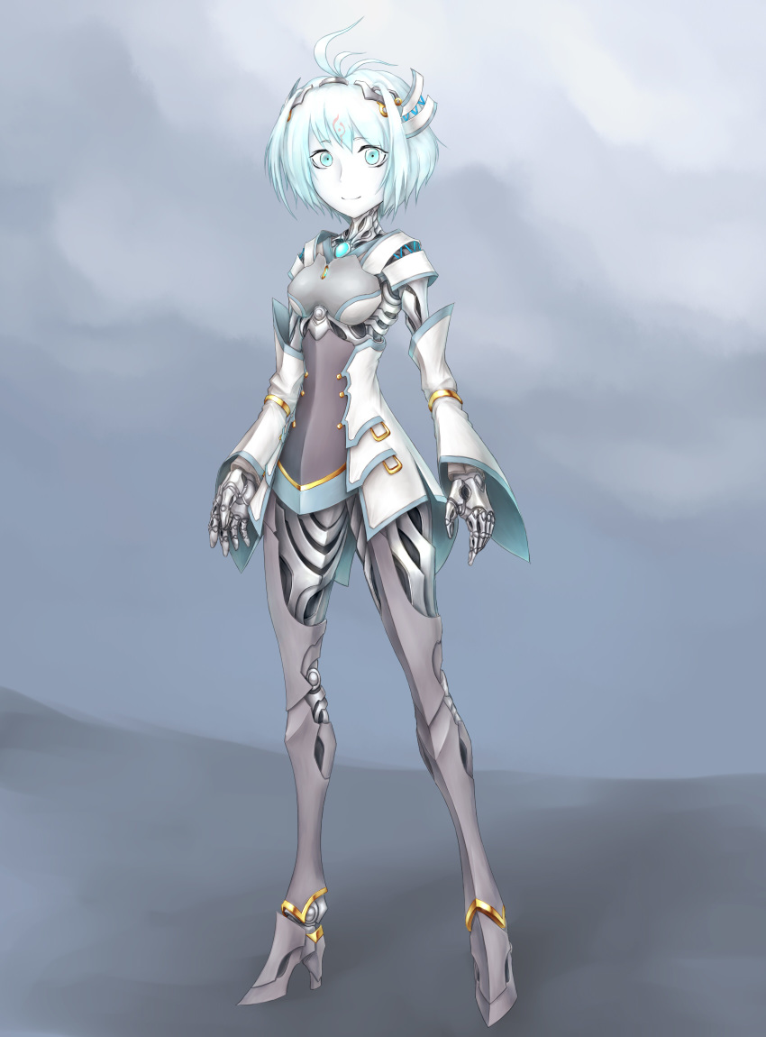 android aqua_eyes aqua_hair bangs commentary_request detached_sleeves facial_mark forehead_mark headgear high_heels highres looking_at_viewer me_ganchyo original parts_exposed robot_joints short_hair smile solo white_skin