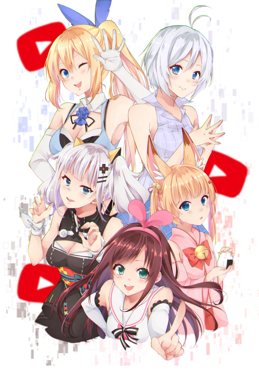 :d ;d a.i._channel absurdres antenna_hair bangs bare_shoulders bell black_dress blonde_hair blue_eyes blue_flower blue_ribbon blue_rose blue_shirt blush breasts brown_hair chun_(ya_i_memories) cleavage cleavage_cutout closed_mouth collared_shirt commentary_request crossover dennou_shoujo_youtuber_shiro detached_sleeves dress elbow_gloves eyebrows_visible_through_hair fingernails flower food gloves green_eyes hair_bell hair_between_eyes hair_ornament hair_ribbon hairband hairclip highres holding holding_food index_finger_raised jingle_bell kaguya_luna kaguya_luna_(character) kemomimi_oukoku_kokuei_housou kizuna_ai light_brown_hair long_hair long_sleeves looking_at_viewer medium_breasts mikoko_(kemomimi_oukoku_kokuei_housou) mirai_akari mirai_akari_project multicolored_hair multiple_crossover multiple_girls obi one_eye_closed onigiri open_mouth parted_lips pink_hair pink_hairband pink_ribbon ponytail purple_shirt ribbon rose sailor_collar sash shiro_(dennou_shoujo_youtuber_shiro) shirt short_hair silver_hair sleeveless sleeveless_dress sleeveless_shirt smile steepled_fingers streaked_hair upper_teeth very_long_hair virtual_youtuber white_gloves white_sailor_collar white_shirt wide_sleeves