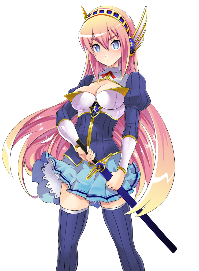 absurdres blonde_hair blue_eyes breasts commentary_request dungeons_&amp;_princess headgear highres long_hair long_sleeves looking_at_viewer medium_breasts pleated_skirt skirt solmonte solo sword takashi_moritaka thighhighs weapon