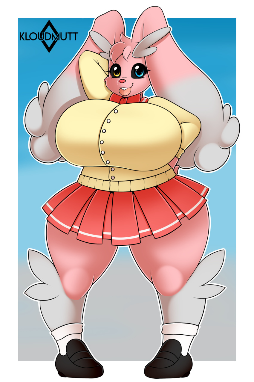 2018 alternate_color anthro big_breasts black_sclera border breasts clothed clothing digital_media_(artwork) female footwear hand_behind_head heterochromia hi_res huge_breasts kloudmutt lagomorph legwear long_ears lopunny mammal nintendo pok&eacute;mon pok&eacute;mon_(species) school_uniform shirt shoes simple_background skirt socks solo tongue tongue_out uniform video_games white_border