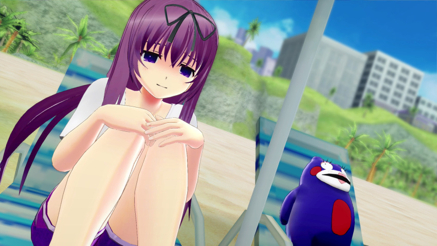 1girl 3d beach black_ribbon blue_sky blush chair cloud day dutch_angle female hair_ornament hair_ribbon half-closed_eyes hands_on_knees hands_up highres long_hair looking_at_viewer matching_hair/eyes murasaki_(senran_kagura) outdoors palm_tree purple_eyes purple_hair purple_shorts ribbon senran_kagura senran_kagura_(series) shirt short_shorts short_sleeves shorts sitting sky smile solo stuffed_toy tree white_shirt