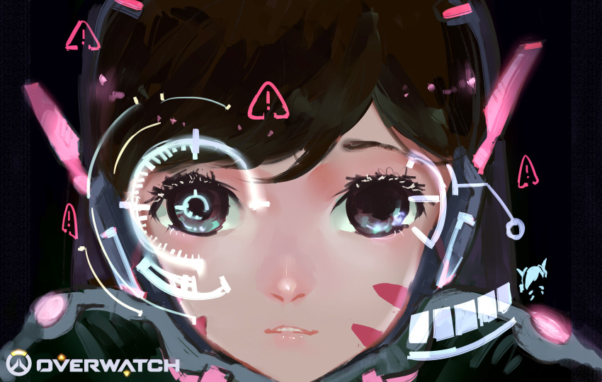 1girl absurdres bangs blue_eyes brown_hair commentary copyright_name d.va_(overwatch) face headgear highres holographic_interface jun_(5455454541) lips looking_at_viewer marker_(medium) overwatch parted_lips sign solo traditional_media warning_sign whisker_markings
