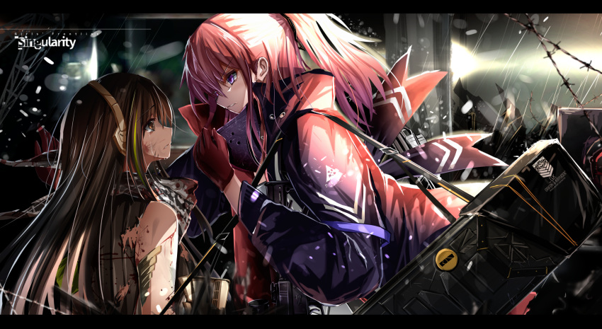 ar-15 armband armor assault_rifle bangs barbed_wire black_gloves black_hair blood blood_on_face blue_eyes brown_eyes brown_hair commentary_request crying damaged deep_wound eyebrows_visible_through_hair girls_frontline gloves gun haguruma_(hagurumali) hair_ornament headphones highres holding holding_gun holding_weapon injury jacket light_particles lights long_hair looking_at_another m4_carbine m4a1_(girls_frontline) md5_mismatch mod3_(girls_frontline) multicolored_hair multiple_girls night one_side_up parted_lips pink_hair ribbed_shirt rifle ruins scarf shirt sidelocks snow snowing st_ar-15_(girls_frontline) strap streaked_hair tears torn_clothes weapon weapon_case