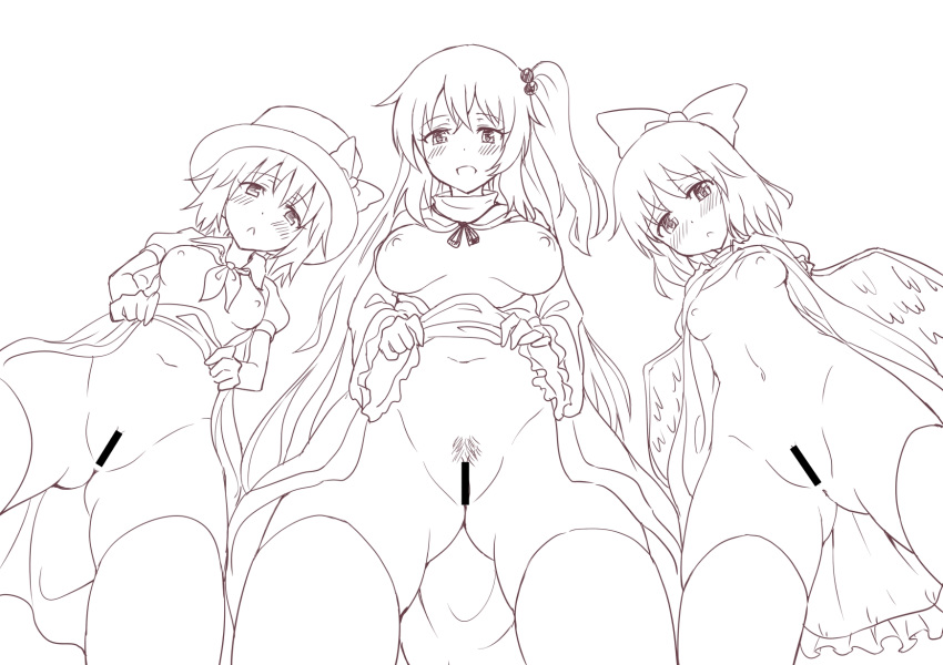 :&lt; ass_visible_through_thighs bar_censor blush bow breasts breasts_outside censored from_below gin'you_haru greyscale hair_bobbles hair_bow hair_ornament hair_ribbon hat highres large_breasts lifted_by_self long_hair looking_at_viewer looking_down mai_(touhou) monochrome multiple_girls navel nipples no_bra no_panties one_side_up open_clothes open_shirt pubic_hair pussy ribbon shinki short_hair skirt skirt_lift small_breasts thighhighs top_hat touhou very_long_hair wings yuki_(touhou)