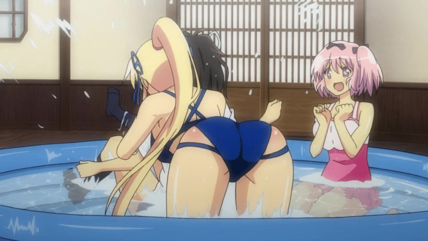 10s 3girls :d animated animated_gif ass asuka_(senran_kagura) bikini blonde_hair brown_hair hibari_(senran_kagura) katsuragi_(senran_kagura) multiple_girls pink_hair senran_kagura senran_kagura_(series) swimsuit