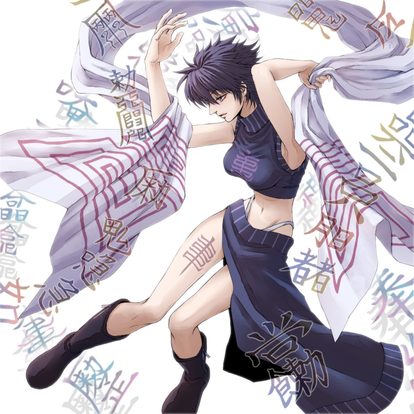 bangs bare_arms bare_shoulders black_footwear black_hair boots breasts commentary_request crop_top hagoromo highres holding houshin_engi knees_together_feet_apart leg_tattoo long_eyelashes midriff navel ou_kijin pelvic_curtain shawl short_hair side_slit simple_background solo sujikonjac tattoo